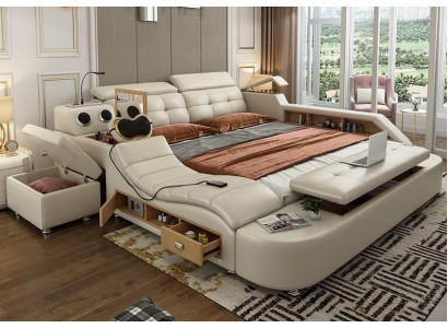 Multifunctional Bed Luxury Design Leather Beds Double Shelf 180x200cm