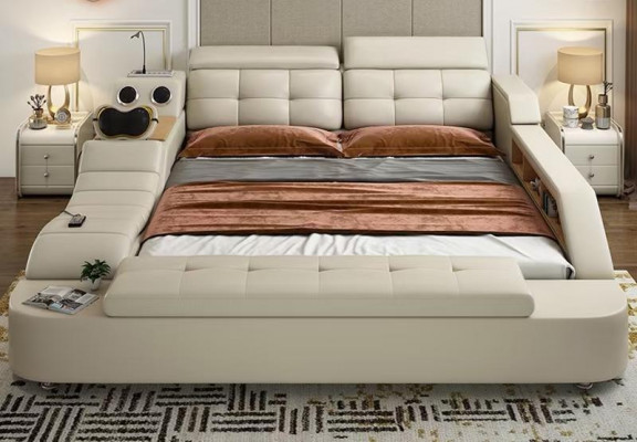 Multifunctional Bed Luxury Design Leather Beds Double Shelf 180x200cm