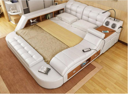 Double Luxury Leather Bed + USB Upholstered Beds Modern Hotel Multifunction