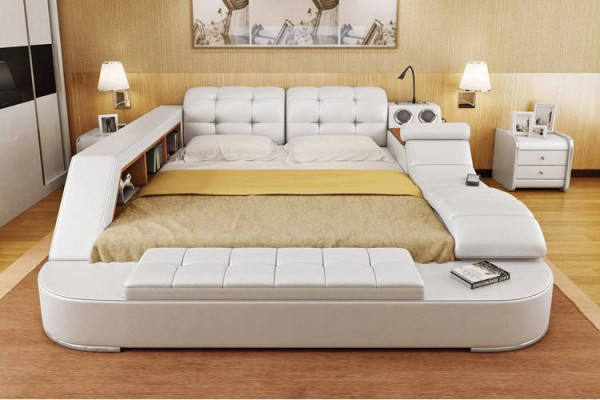 Double Luxury Leather Bed + USB Upholstered Beds Modern Hotel Multifunction