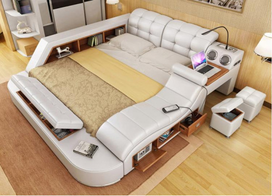 Double Luxury Leather Bed + USB Upholstered Beds Modern Hotel Multifunction