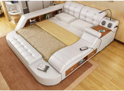 Multifunction Bed Shelf Wardrobe USB Charging Station Double Leather Beds