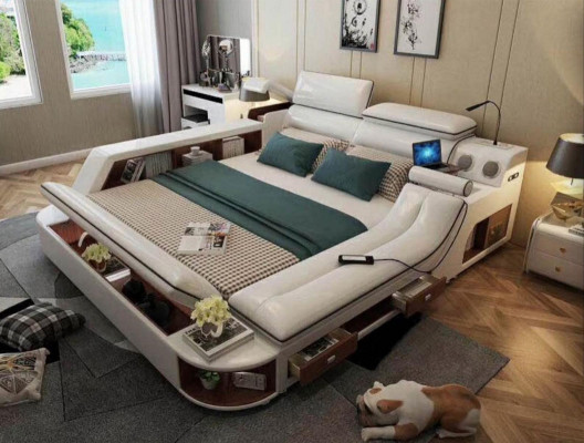 Beds Hotel 180x200cm Multifunction Shelf USB Design Bed XXL Big Leather