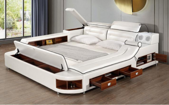 Beds Hotel 180x200cm Multifunction Shelf USB Design Bed XXL Big Leather