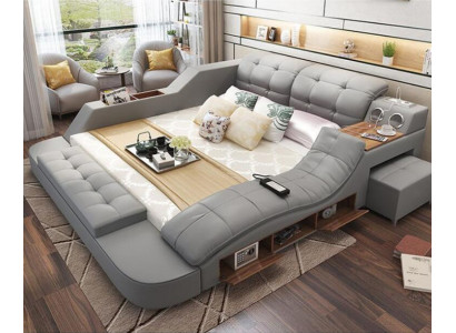 Design Bed XXL Big Beds Leather Upholstery Hotel 180x200cm Multifunction Shelf New