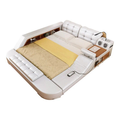 Design double luxury leather bed, upholstered beds with USB, multifunctional hotel, new.