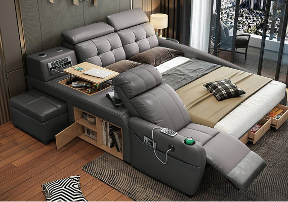 Multifunction Deluxe Beds Massage Function Bed Hotel Upholstered LED USB Radio