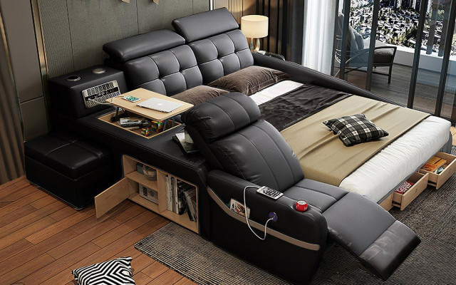 Multifunction Deluxe Beds Massage Function Bed Hotel Upholstered LED USB Radio