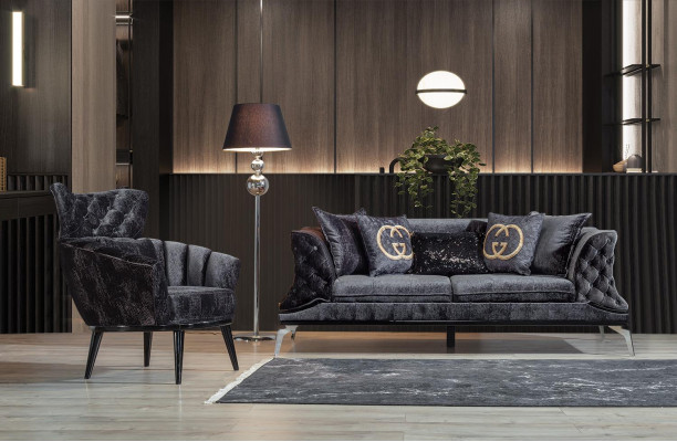 Black couch sofa set 3+1 seat Chesterfield living room upholstery
