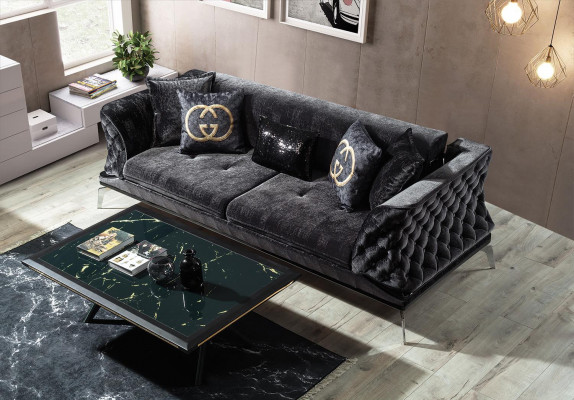 Black couch sofa set 3+1 seat Chesterfield living room upholstery