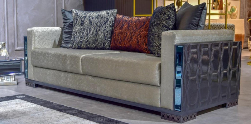 Three-seater luxury sofa, 3-seat sofa, seat design, brown metal with fabric.