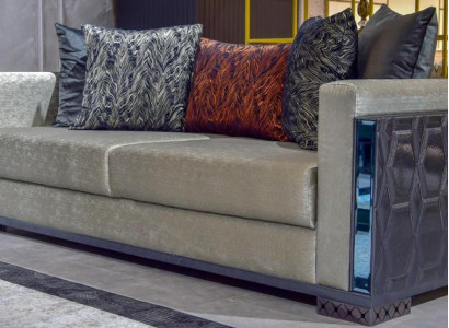 Three-seater luxury sofa, 3-seat sofa, seat design, brown metal with fabric.