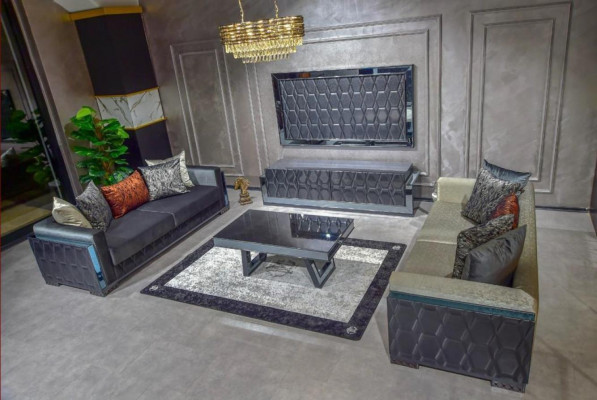 Three-seater luxury sofa, 3-seat sofa, seat design, brown metal with fabric.