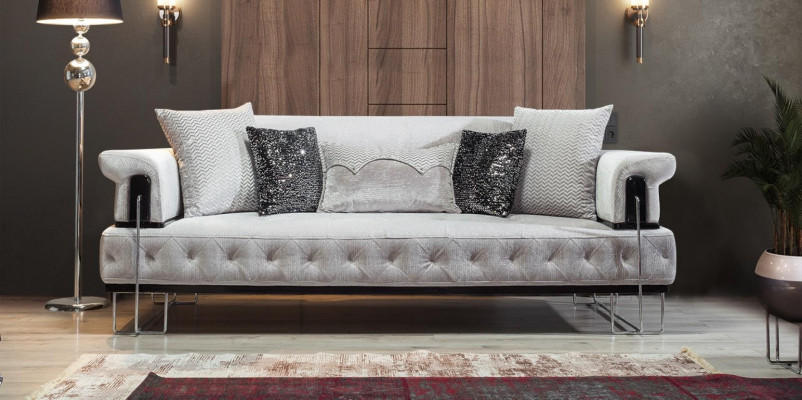 Upholstered Furniture Three-Seater Sofa 3-Seater Couch White Metal with Fabric