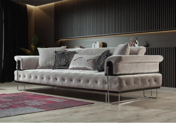 Upholstered Furniture Three-Seater Sofa 3-Seater Couch White Metal with Fabric