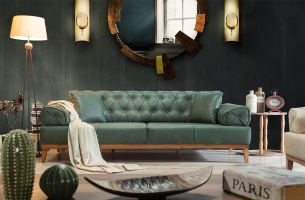 Chesterfield Sofa 3-Seater Couch Three-Seater Green New Fabric Wood 220cm