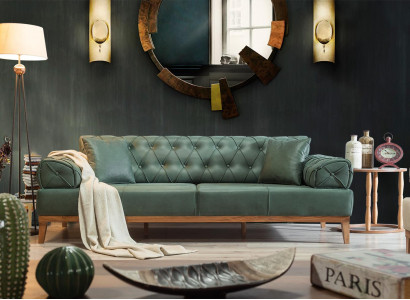 Chesterfield Sofa 3-Seater Couch Three-Seater Green New Fabric Wood 220cm