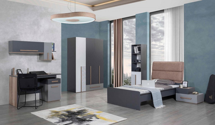 Gray youth room wardrobe bookshelf children's room bed 5-piece set