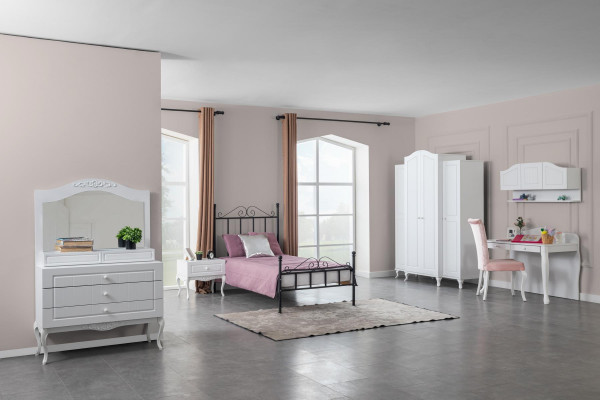 Design girl's youth room set 6-piece bed, nightstand, wardrobe.