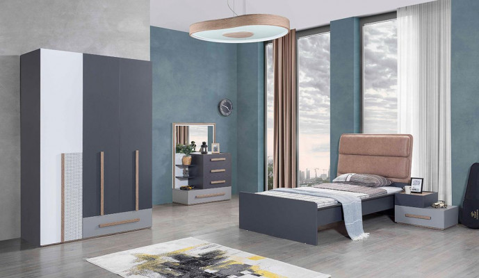 Youth room set gray bed nightstand wardrobe design new 4-piece set.