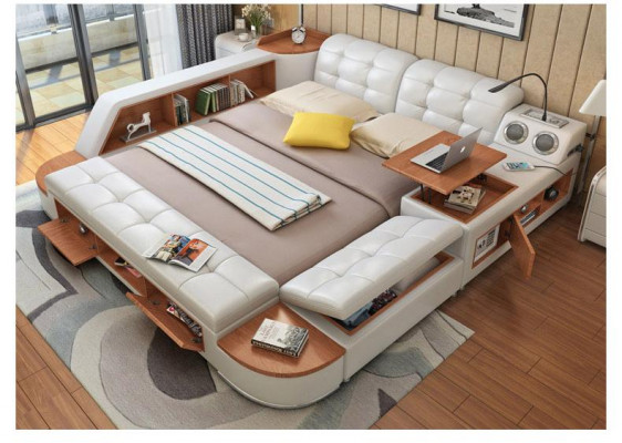 Upholstery 180x200 multifunctional shelf USB lounger design bed big beds leather