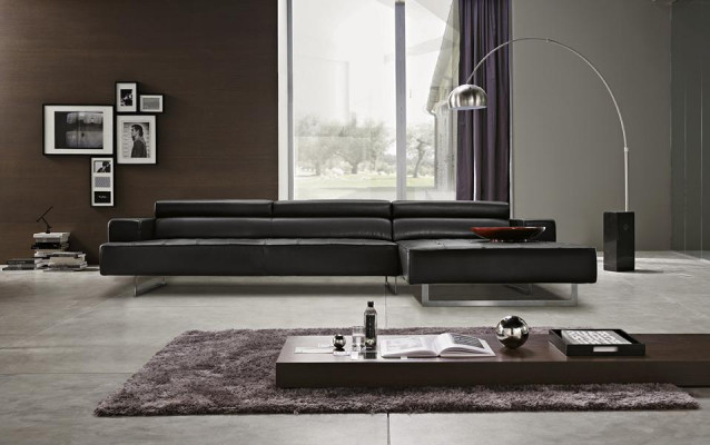 Modern leather corner sofa L-shaped for living room, black color