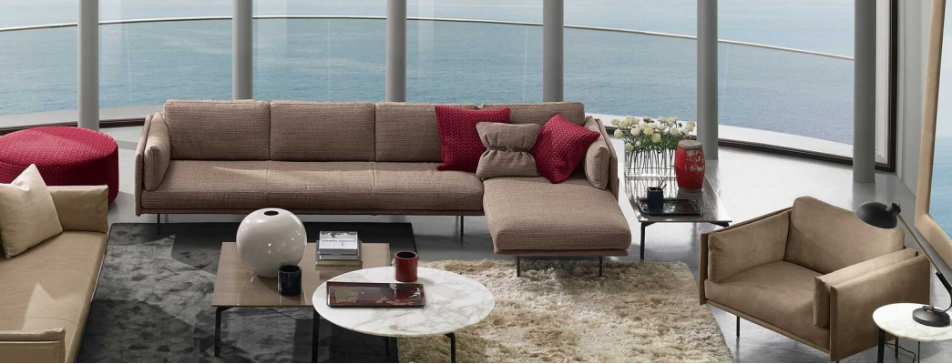 Brown L-shaped sectional sofa couch design upholstery modern fabric living room