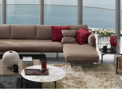 Brown L-shaped sectional sofa couch design upholstery modern fabric living room