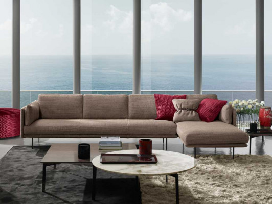 Brown L-shaped sectional sofa couch design upholstery modern fabric living room