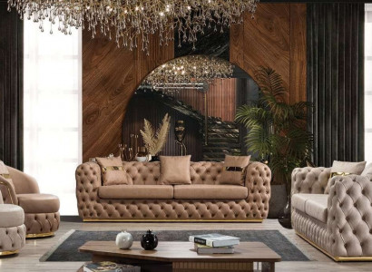 Chesterfield Sofa Set 3+3+1+1 Seater Suite Sofa Armchair Sofas Leather Beige