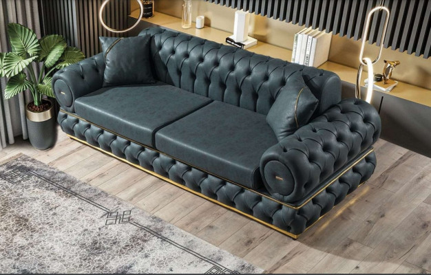 3-seater Chesterfield upholstered sofa, three-seater leather living room blue furniture