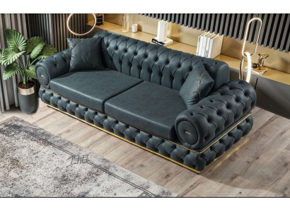 3-seater Chesterfield upholstered sofa, three-seater leather living room blue furniture