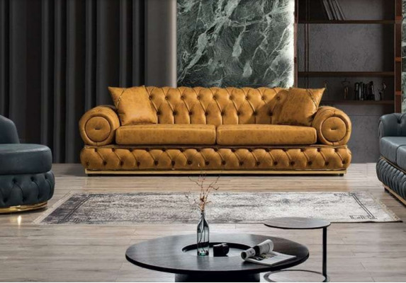 3-seater Chesterfield upholstered sofa, three-seater leather living room blue furniture