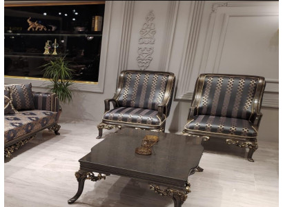 Wing chair, chair design, upholstered sofa, couch, textile, baroque, living room, blue