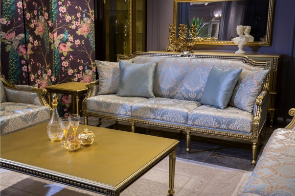Three-seater couch, upholstered sofa, 3-seat luxury sofa, room blue three-seater.