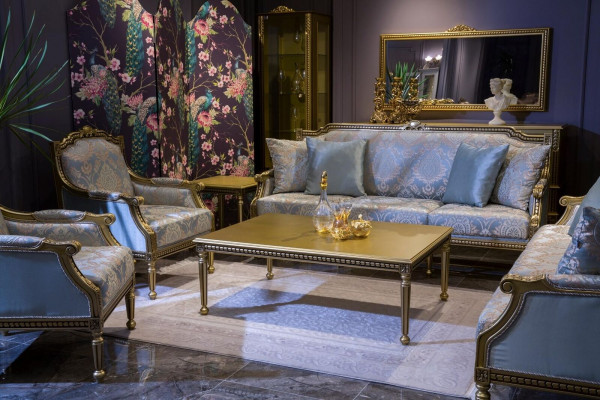 Three-seater couch, upholstered sofa, 3-seat luxury sofa, room blue three-seater.
