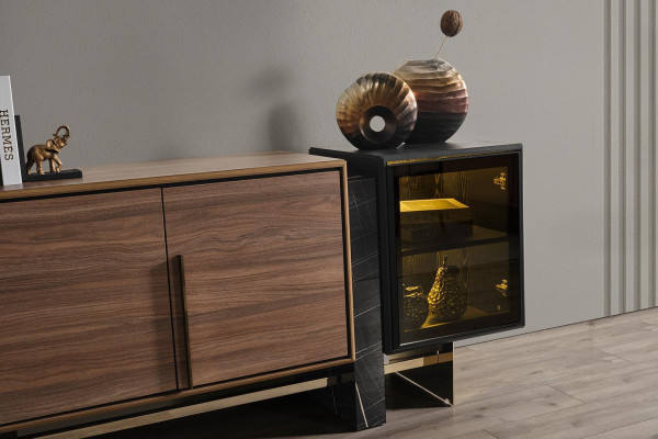 Dining room sideboard with mirror, brown dresser, wooden cupboard, shelf