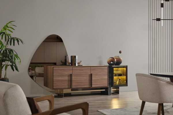 Dining room sideboard with mirror, brown dresser, wooden cupboard, shelf