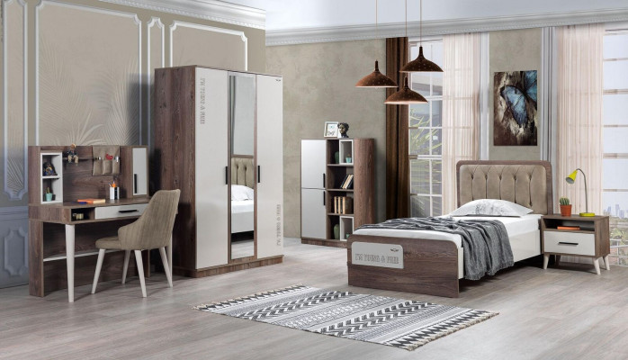 Complete children's room set, 5-piece modern youth room brown wood bed