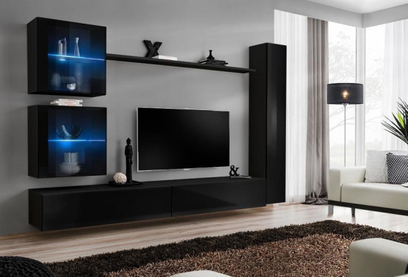 Black Living Room Wall Unit Complete Set Designer Furniture TV Stand Modern