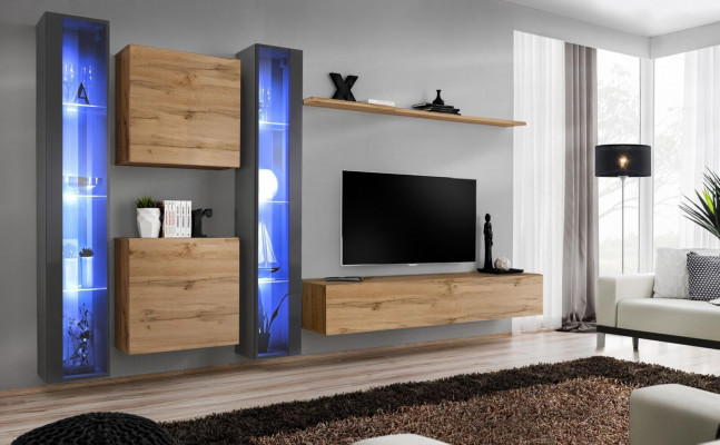 Complete Brown Living Room Wall Unit Set Hanging Display Cabinet Wall Wardrobe Modern Design