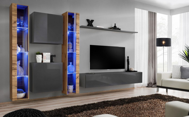 Luxury Complete Set 6-piece Living Wall Gray TV Stand Wall Cabinet Sideboard Modern