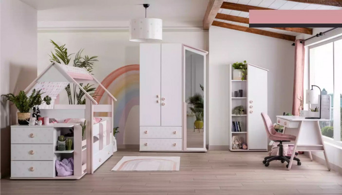 Functional bed complete bed children's furniture children's room pink 6-piece wood