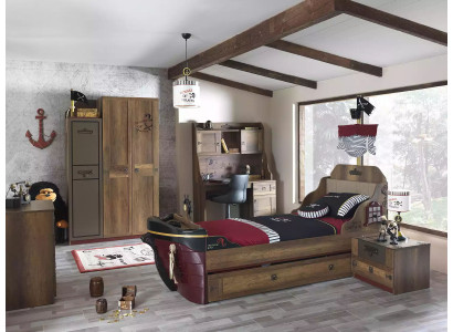 Children's room pirate bed ship wardrobe table double beds 5-piece set