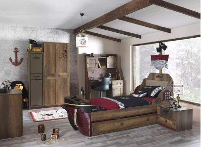 Children's room pirate bed ship wardrobe table double beds 5-piece set