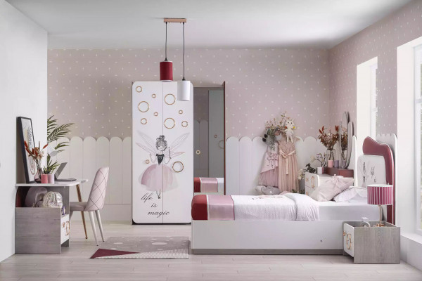Complete children's furniture - children's bed with bed drawer, wood pink set of 6 pieces