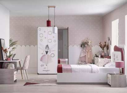Complete children's furniture - children's bed with bed drawer, wood pink set of 6 pieces