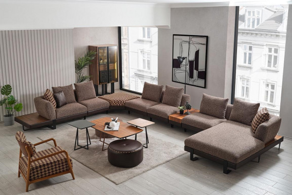 Luxurious living room set upholstery U-shape corner sofa 2x stools coffee table