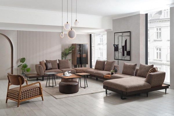 Luxurious living room set upholstery U-shape corner sofa 2x stools coffee table