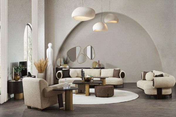 White living room sofa set 2x side tables 2x stools luxury couches
